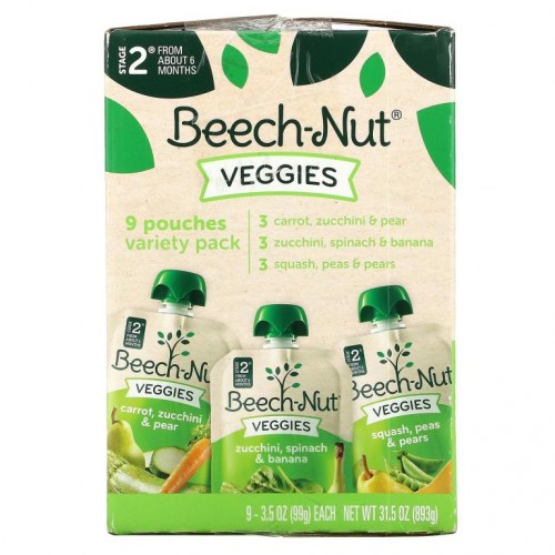Beech-Nut, Veggies, Variety Pack, Stage 2, 9 Pouches, 3.5 oz (99 g) Each