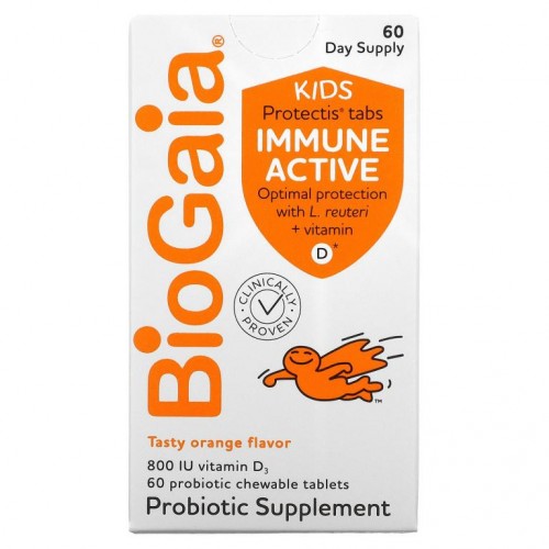 BioGaia, 어린이용, L. 루테리 + 비타민D 함유 이윤 액티브, 오렌지, 프로바이오틱 츄어블 60정