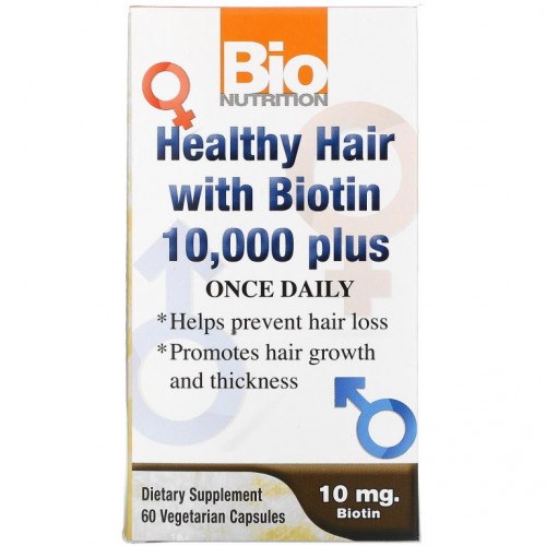 Bio Nutrition, 바이오틴 10,000 플러스와 함께하는 건강한 모발, 베지 캡슐 60정