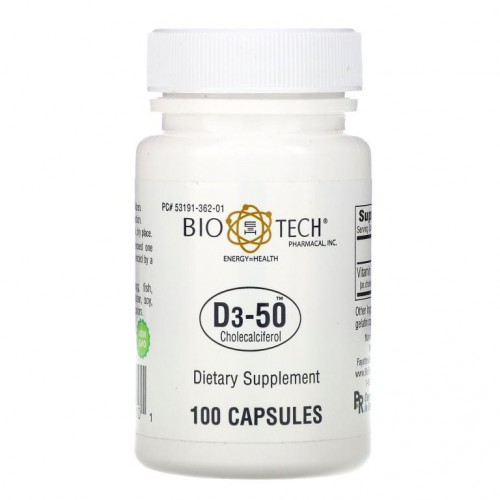 Bio Tech Pharmacal, D3-50, 콜레칼시페롤, 캡슐 100정