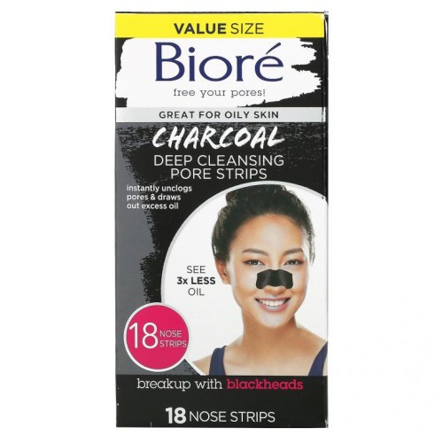 Biore, 딥 클렌징 포어 스트립스, 숯, 노즈 스트립 18개