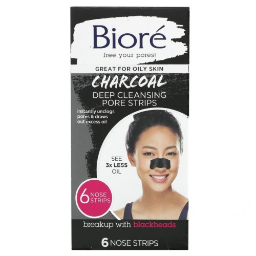 Biore, 딥 클렌징 포어 스트립스, 숯, 노즈 스트립 6개