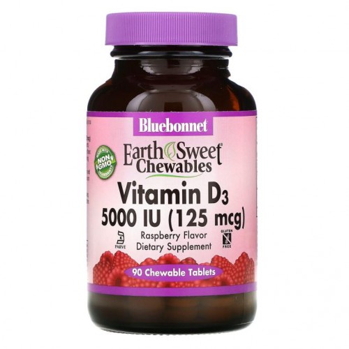 Bluebonnet Nutrition, 비타민D3, 라즈베리, 5000IU(125mg), 츄어블 정제 90정