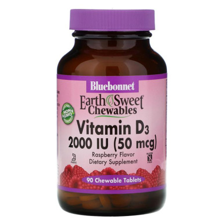 Bluebonnet Nutrition, EarthSweet 츄잉 가능, 비타민 D3, 천연 라즈베리맛, 2,000 IU, 90 추어블정