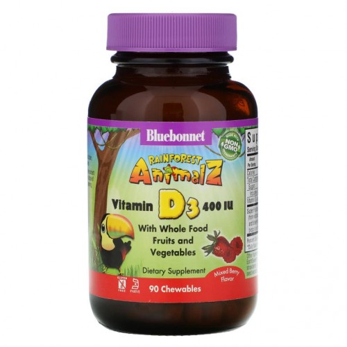 Bluebonnet Nutrition, Rainforest Animalz, 비타민D3, 내추럴 믹스드 베리 맛, 400 IU, 츄어블 90정