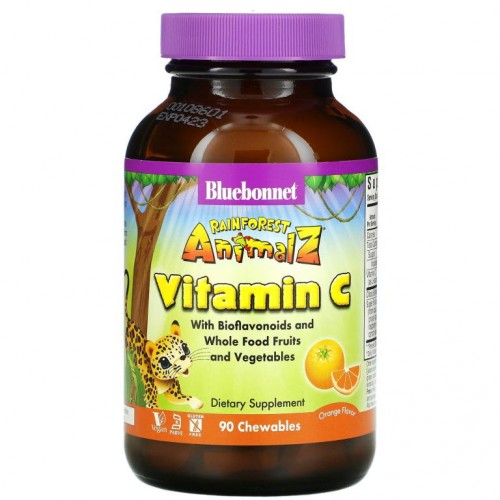 Bluebonnet Nutrition, Super Earth, Rainforest Animalz, 비타민C, 천연 오렌지 맛, 동물 모양 츄어블 90정