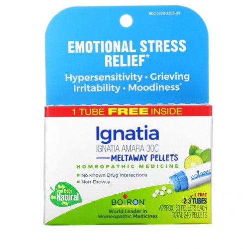 Boiron, Ignatia Amara, Emotional Stress Relief, Meltaway Pellets, 30C, 3 Tubes, 80 Pellets Each