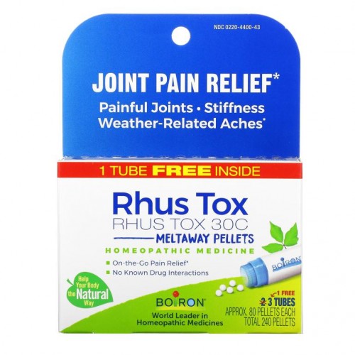 Boiron, Rhus Tox, Joint Pain Relief, Meltaway Pellets, 30C, 3 Tubes, 80 Pellets Each