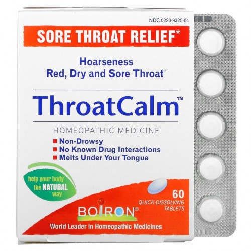 Boiron, ThroatCalm, 인후통 완화, 빨리 녹는 정제 60정