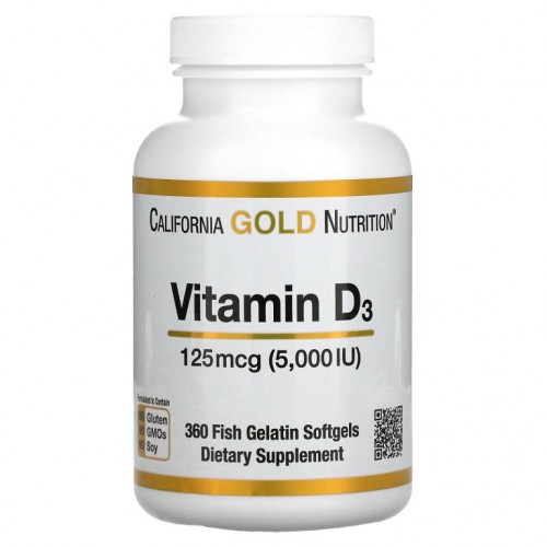 California Gold Nutrition, 비타민D3, 125mcg(5,000IU), 피쉬 젤라틴 소프트젤 360정
