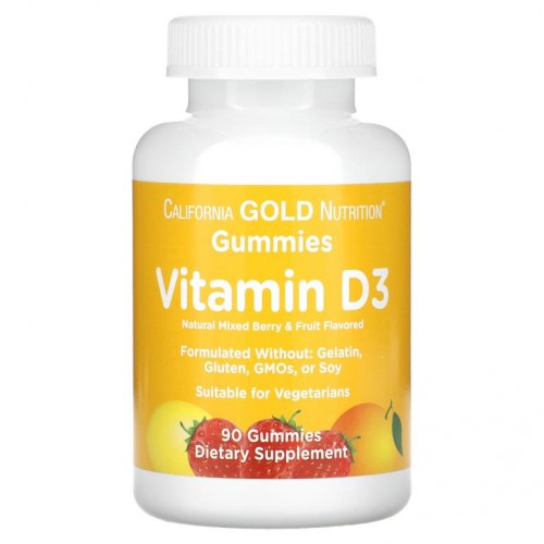 California Gold Nutrition, 비타민D3 구미젤리, 젤라틴 무함유, 글루텐 무함유, 베리 혼합 및 과일 향미료, 25mcg(1,000IU), 구미젤리 90개