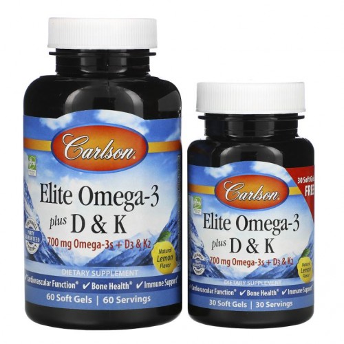 Carlson, 엘리트-3 플러스 D & K, 천연 레몬맛, 60 + 30 무료 소프트 젤