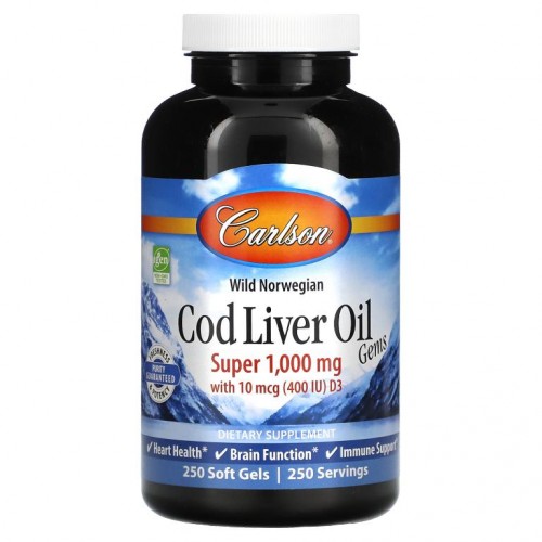 Carlson, 자연산 노르웨이, Cod Liver Gems, 슈퍼, 1,000mg, 소프트젤 250정