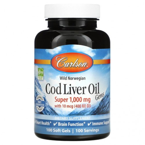 Carlson, 노르웨이 자연산, Cod Liver Oil Gems, 슈퍼, 1,000mg, 소프트젤 100정