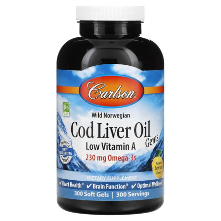 Carlson, 노르웨이 자연산, Cod Liver Oil Gems, 저비타민A, 천연 레몬 맛, 소프트젤 300정