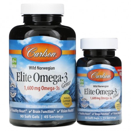 Carlson, 야생 포획, Elite Omega-3 Gems, 천연 레몬 맛, 800 mg, 소프트젤 90정 + 30정 추가 증정