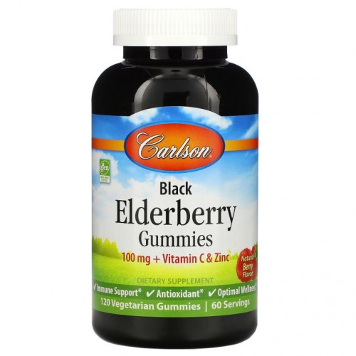 Carlson, Black Elderberry Gummies + Vitamin C & Zinc, Natural Berry, 50 mg, 120 Vegetarian Gummies