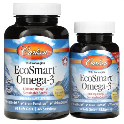Carlson, EcoSmart 오메가-3, 천연 레몬 향, 1,000 mg, 90 + 30 소프트젤