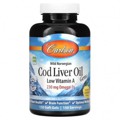 Carlson, Wild Norwegian, Cod Liver Oil Gems, Low Vitamin A, Natural Lemon Flavor, 230 mg, 150 Soft Gels