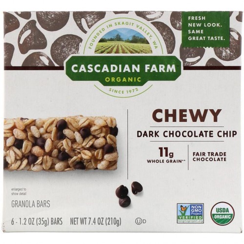 Cascadian Farm, 유기농 츄어블 그레놀라바, 다크 초콜릿 칩, 6바, 각 35g(1.2oz)