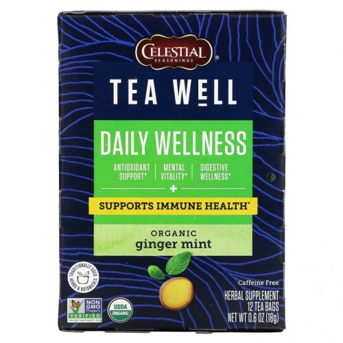 Celestial Seasonings, Herbal Tea, Daily Wellness, Organic Ginger Mint, Caffeine Free , 12 Tea Bags, 0.06 oz (1.6 g) Each