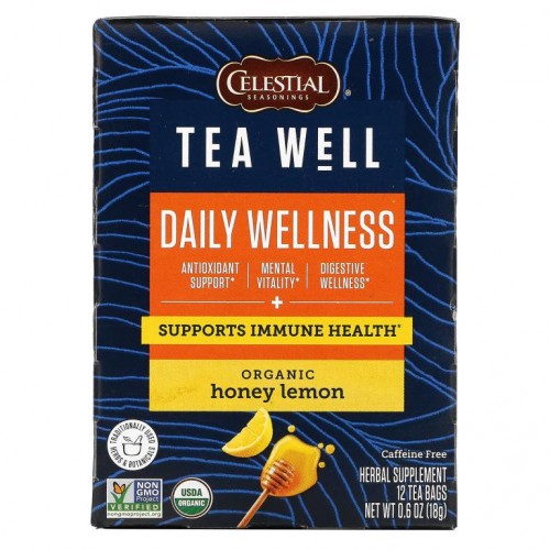 Celestial Seasonings, Herbal Tea, Daily Wellness, Organic Honey Lemon, Caffeine Free, 12 Tea Bags, 0.06 oz ( 1.6 g) Each