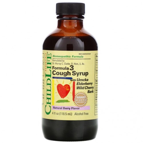 ChildLife, 에센셜스, 포뮬러 3 기침 시럽, 알코올 무함유, 천연 베리향, 4fl oz(118.5ml)