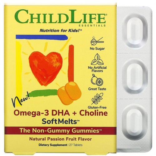 ChildLife, 오메가3 DHA + 콜린 SoftMelts, 천연 패션프루트 향, 27정