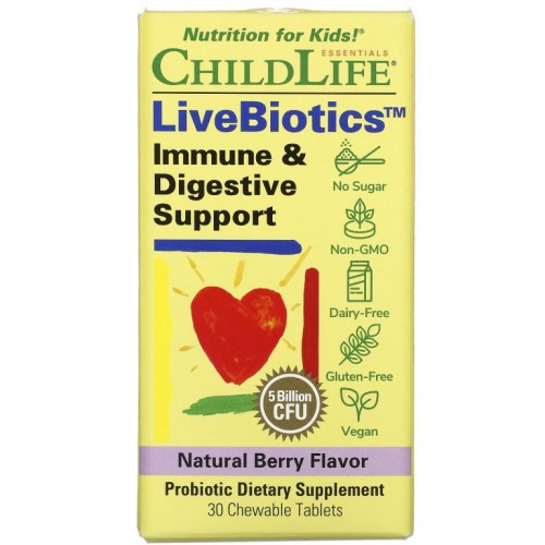 ChildLife, LiveBiotics, 면역력 및 소화 지원, 천연 베리맛, 50억 CFU, 츄어블 30정