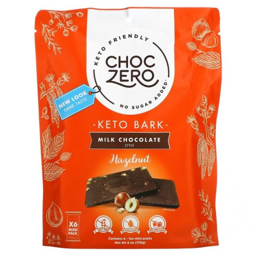 ChocZero, 밀크 초콜릿, 헤이즐넛, 무가당, 바 6개입, 개당 1oz