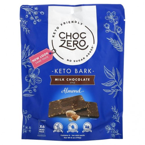 ChocZero, 밀크 초콜릿, 아몬드, 무가당, 바 6개, 개당 1oz