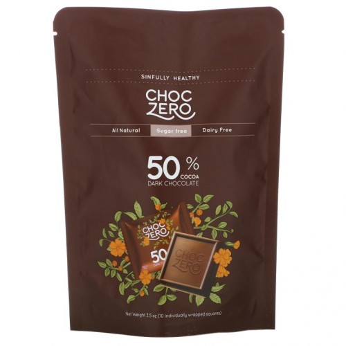 ChocZero, 50% 코코아 다크 초콜릿 스퀘어, 무설탕, 10개, 3.5oz