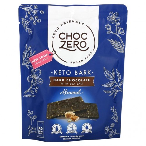 ChocZero, 바다 소금 함유 다크 초콜릿, 아몬드, 설탕 무함유, 바 6개, 각 1oz