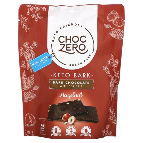 ChocZero, 바다 소금 함유 다크 초콜릿, 헤이즐넛, 설탕 무함유, 바 6개, 각 1oz