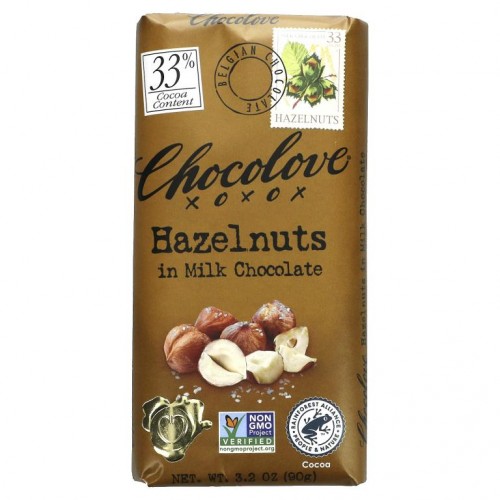 Chocolove, 헤이즐넛 인 밀크 초콜릿, 코코아 33%, 90g(3.2oz)