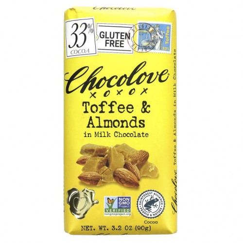 Chocolove, 토피 & 아몬드 인 밀크 초콜릿, 코코아 33%, 90g(3.2oz)