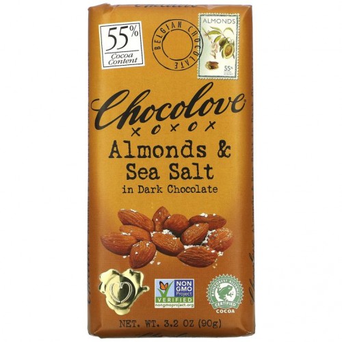 Chocolove, 아몬드 & 바다 소금 인 다크 초콜릿, 코코아 55%, 90g(3.2oz)