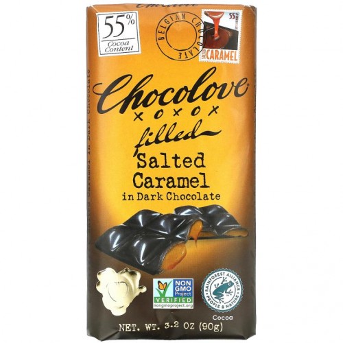 Chocolove, 초콜릿 필드 솔티드 캐러멜 인 다크 초콜릿, 코코아 55%, 90g(3.2oz)
