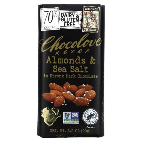 Chocolove, 아몬드 & 바다 소금 함유 다크 초콜릿, 코코아 70%, 90g(3.2oz)