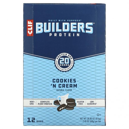 Clif Bar, Builder's 단백질 바, 쿠키앤크림, 바 12개, 각 68g(2.40oz)