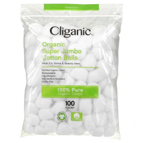 Cliganic, 유기농 슈퍼 점보 코튼볼, 100개