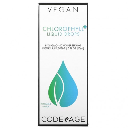 Codeage, 비건 엽록소 및 액상 드롭, 유전자 변형 성분 무함유, 페퍼민트 맛, 50mg, 60ml(2fl oz)