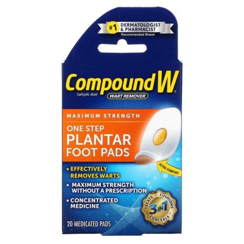 Compound W, Wart Remover, One Step Plantar Foot Pads, Maximum Strength, 20 Medicated Pads