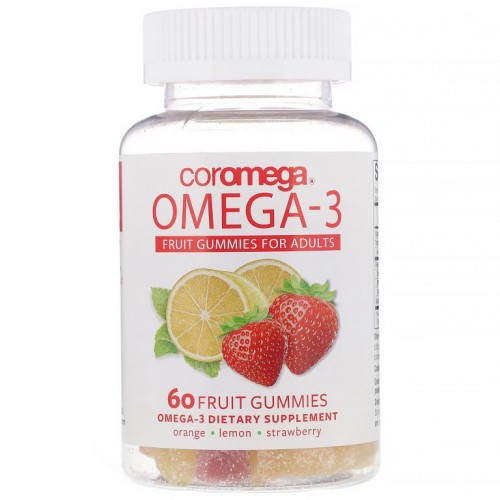 Coromega, 오메가-3, 성인용 과일 구미젤리, 오렌지, 레몬, 딸기, 과일 구미젤리 60개