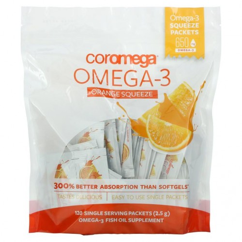 Coromega, 오메가3, 오렌지 스퀴즈, 120봉, 각 2.5g