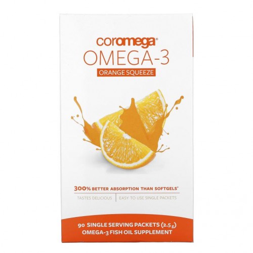 Coromega, 오메가3, 오렌지 스퀴즈, 90봉, 각 2.5g