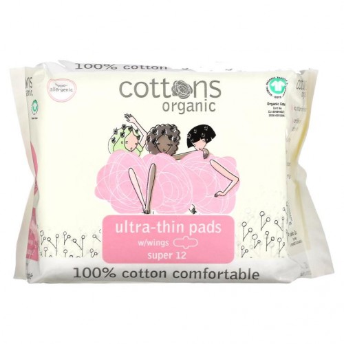 Cottons, 100% 천연 면 커버시트, 울트라-씬 패드 날개형, 슈퍼, 패드 12개