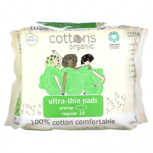 Cottons, 100% 천연 면 커버시트, 울트라-씬 패드 날개형, 레귤러, 패드 14개