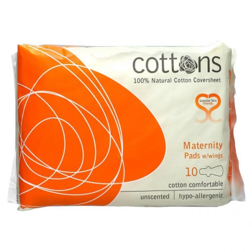 Cottons, 100% 천연 면 커버시트, 임산부용 날개형 패드, 헤비, 패드 10개