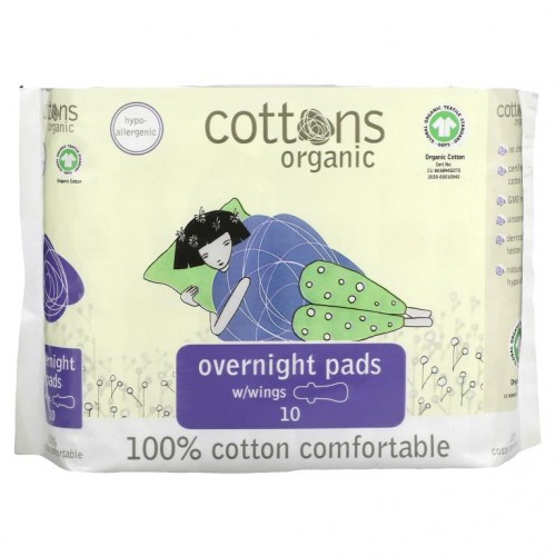Cottons, 100% 천연 면 커버시트, 오버나이트 날개형 패드, 헤비, 패드 10개